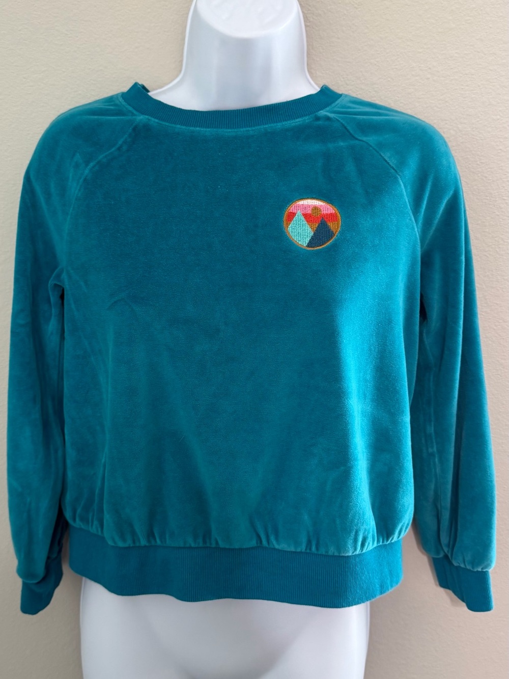Cat & Jack Teal Velour Crewneck Pullover with Embroidered Patch